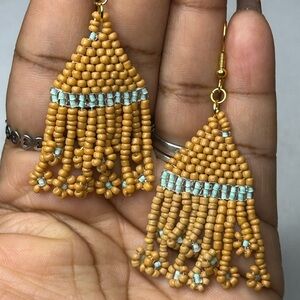 Elegant Beaded Fringe Earrings - Gold and Blue
